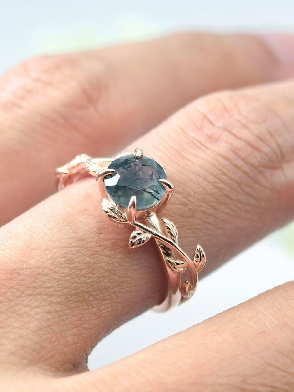 Natural Moss Agate Ring 925 Sterling Silver Opal Birthstone Ring 925 Sterling Si - Picture 2 of 3